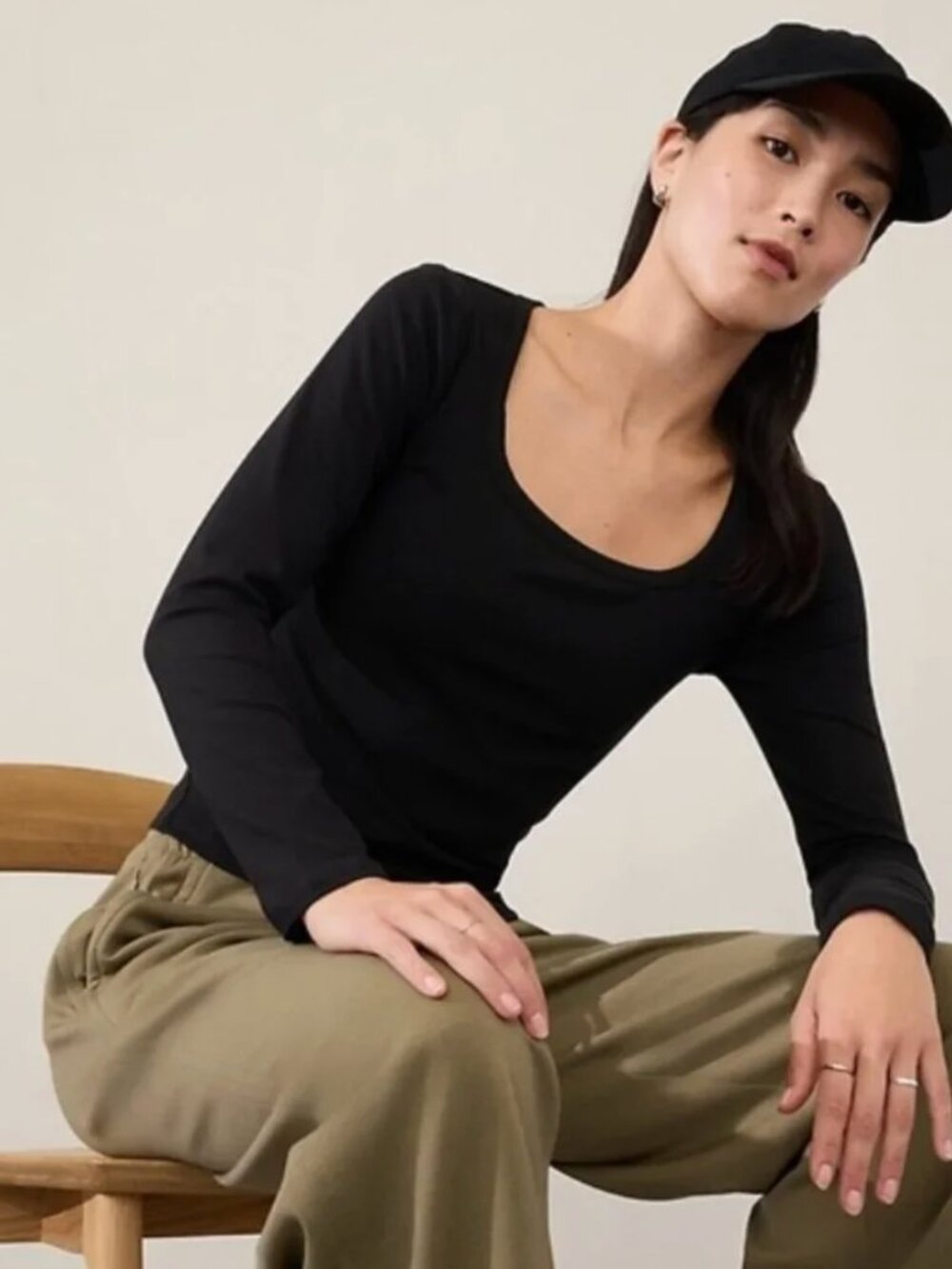 Athleta Black Long Sleeve Signature Rib Square Neck Top